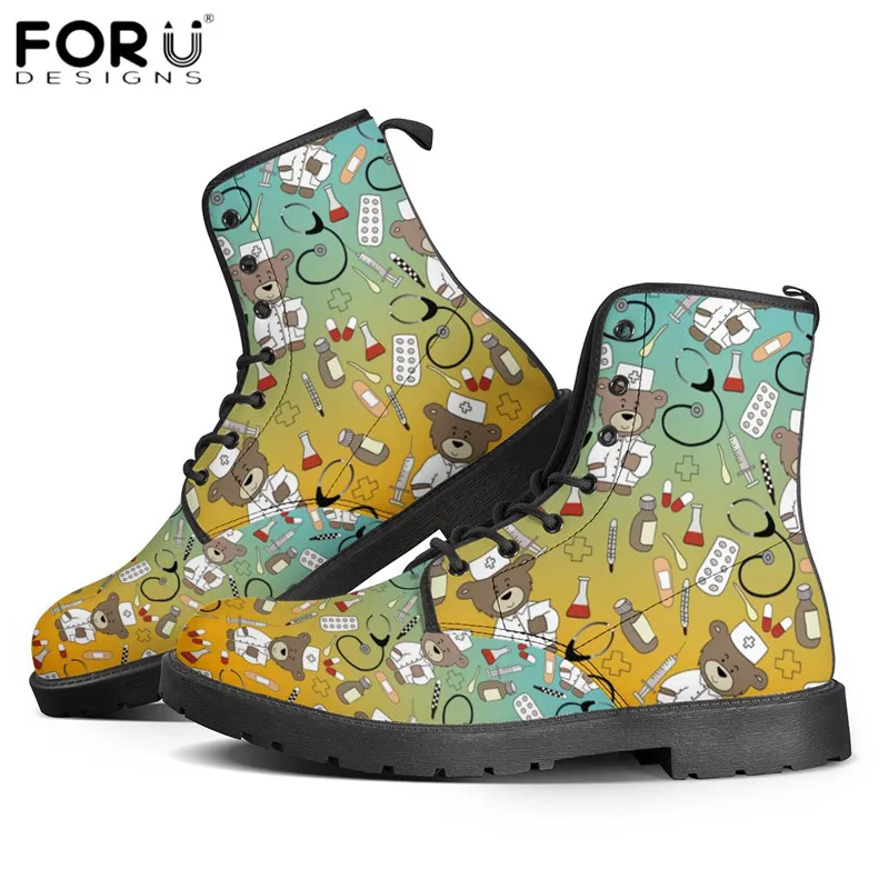 

FORUDESIGNS Cartoon Nurse Bear Print Women Boots Fashion Ladies Leather Boots Female Waterproof Round Toe Flats Footwear Lace Up