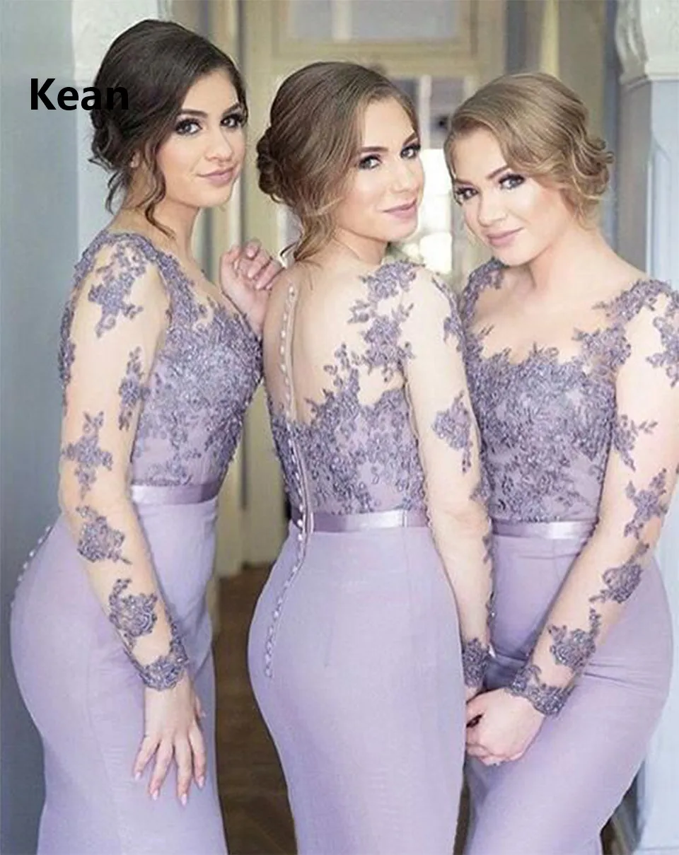 Недорогие Длинные свадебные платья сиреневого цвета с длинным рукавом и