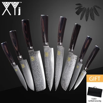 

XYj Kitchen Damascus Hunting Steel Knives Set VG10 Core Knife Bag Color Wood Handle Real Damascus Steel Japanese Style Tool