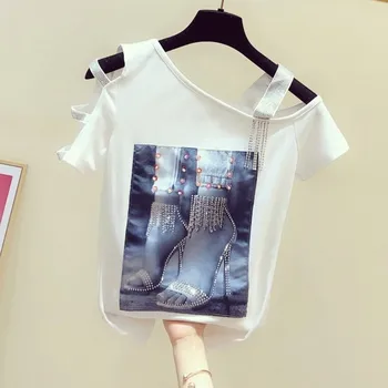 

summer new 2020 women t-shirts off-shoulder irregular slim diamond printed female pulls tops tees top quality