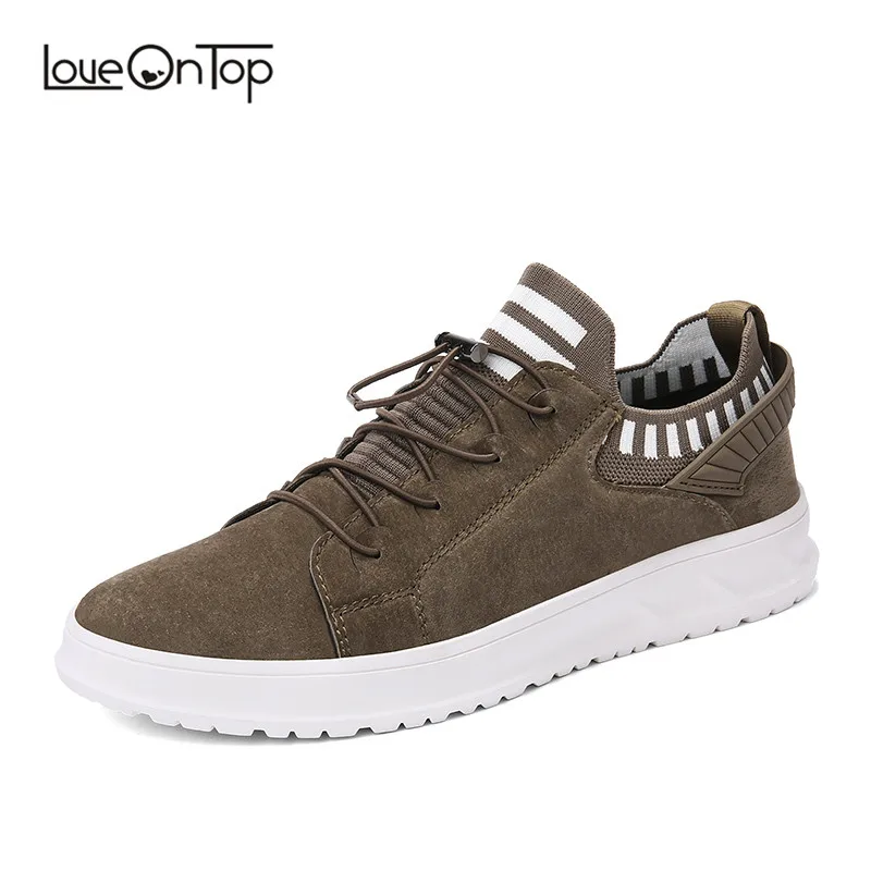 

Men's casual sneakers autumn 2019 new Genuine Leather+Knit mesh men flats shoes lace-up breathable fashion trend