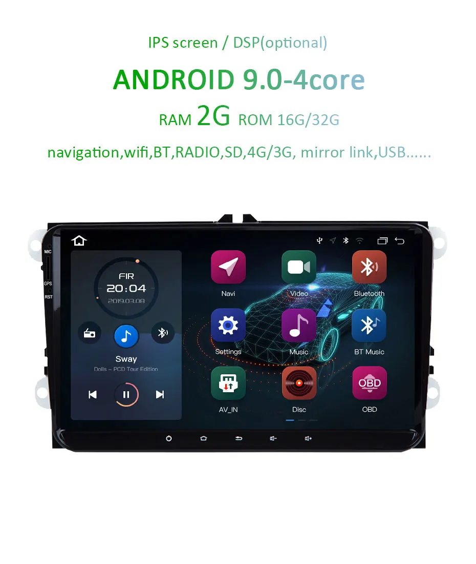 Excellent Android 9.0 DSP IPS 64G 2 DIN Radio for Seat Altea Toledo VW GOLF 5/6 Polo Passat B6 CC Tiguan Touran Navigation Stereo NO DVD 2