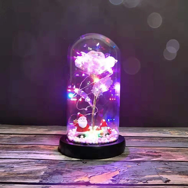 Santa Claus Красочный цветок розы в стеклянном куполе на деревянной основе для свадьбы подарки на день рождения светодиодный лампы с розами Рождественский подарок на день Святого Валентина - Цвет: Santa Claus