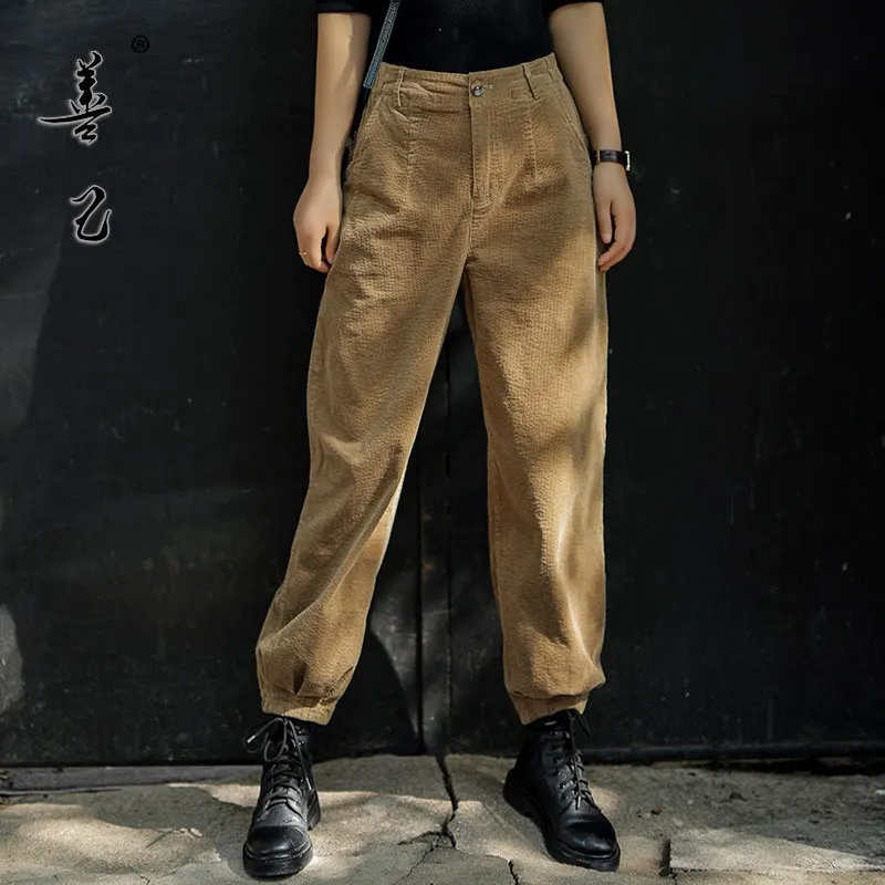 

2021 Autumn Winter New Arts Style Women High Waist Ankle-length Loose Pants Cotton Corduroy Casual Harem Pants Top quality A02