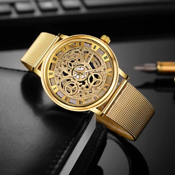 

SOXY Luxury Skeleton Men Watch Women Wrist Watches Fashion Montre Homme 2018 Gold Wrist Watch Men Steel Mesh Men's Watch