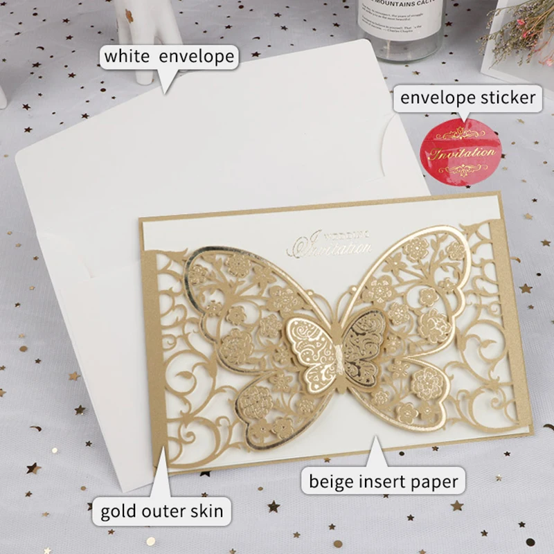 50pcs Butterfly Elegant Laser Cut Wedding Invitation Card Business Greeting Card Customized Wedding Decoration Party Supplies