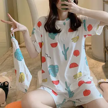 

Women Summer 3Pcs Pajamas Set Pullover Tops Shorts Cute Fruit Sleepwear with Bag L4ME