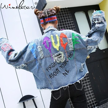 

Letter Print Women Denim Jacket Coat Rivet Ripped Hole Jeans Jacket Blue Printed Doodle Short Outercoat for Spring/Fall C07608B