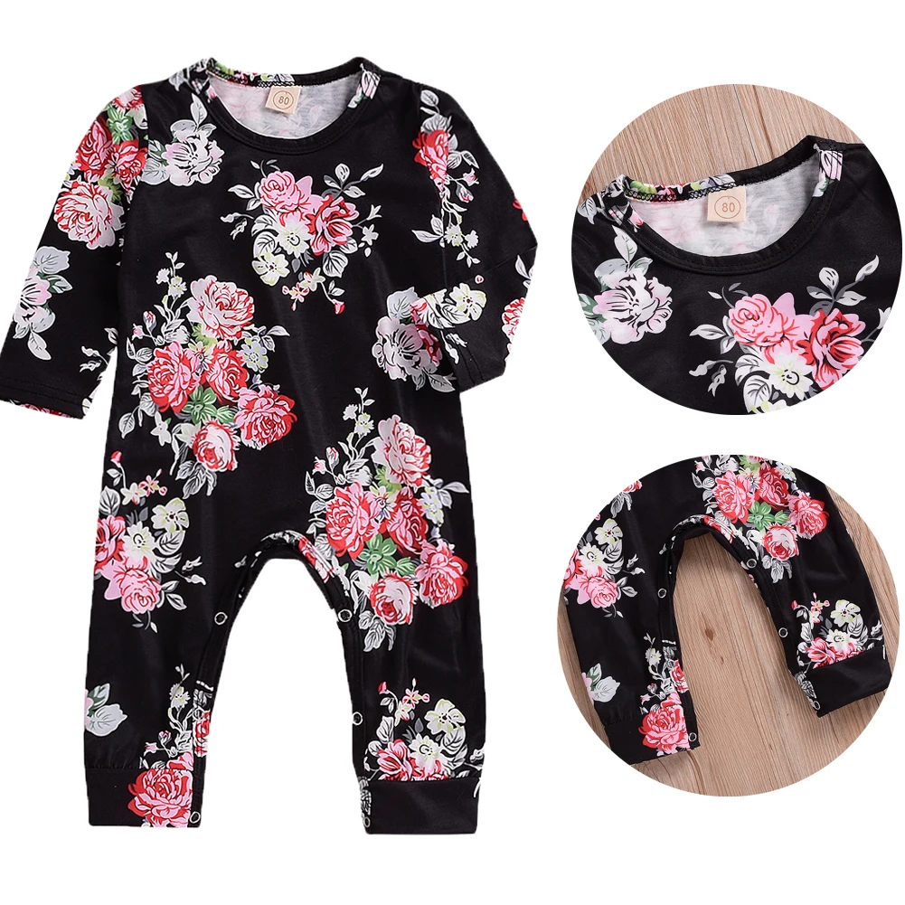 Черный комбинезон с длинными рукавами и цветочным принтом для новорожденных девочек; зимний теплый комбинезон; одежда для детей 0-24 месяцев