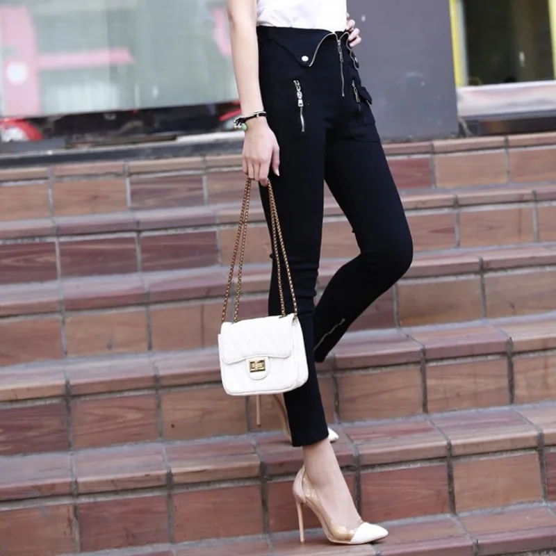 

Spring Autumn Womens High Waist Black Slim Fit Pencil Pants Casual Pocket Zipper Trousers Female Plus Size S-XL