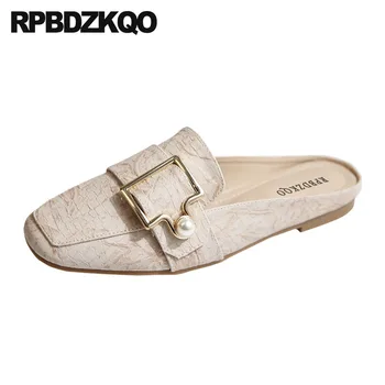 

mules square toe ladies beautiful flats shoes designer british style pearl size 35 metal women breathable slip on slippers large