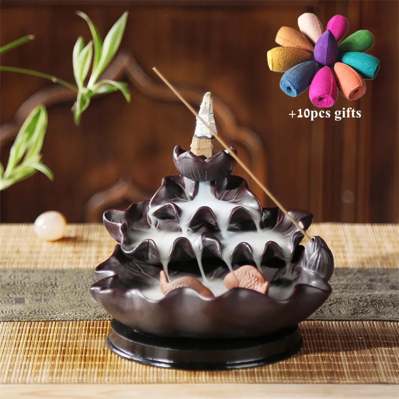 Ceramic Retro Ceramic Backflow Incense Burner Waterfall Censer Incense Holder Aromatherapy Furnace Home Decoration+ 10pcs Cones - Цвет: With 10pcs mixed-C