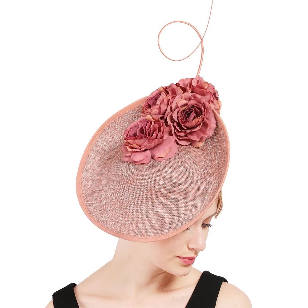 peach Большая Шляпа Дерби millinery вуалетки с причудливыми цветами роскошные женские головные уборы аксессуары женский головной убор повязки на голову модная Федора - Цвет: peach