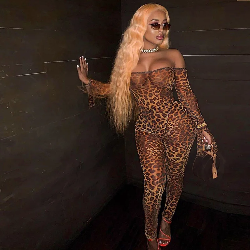 

Bandage Bodycon Sexy Jumpsuit Women Off Shoulder Sheer Mesh Animal Print Jumpsuit Long Sleeve Sexy Party Club Romper Overalls