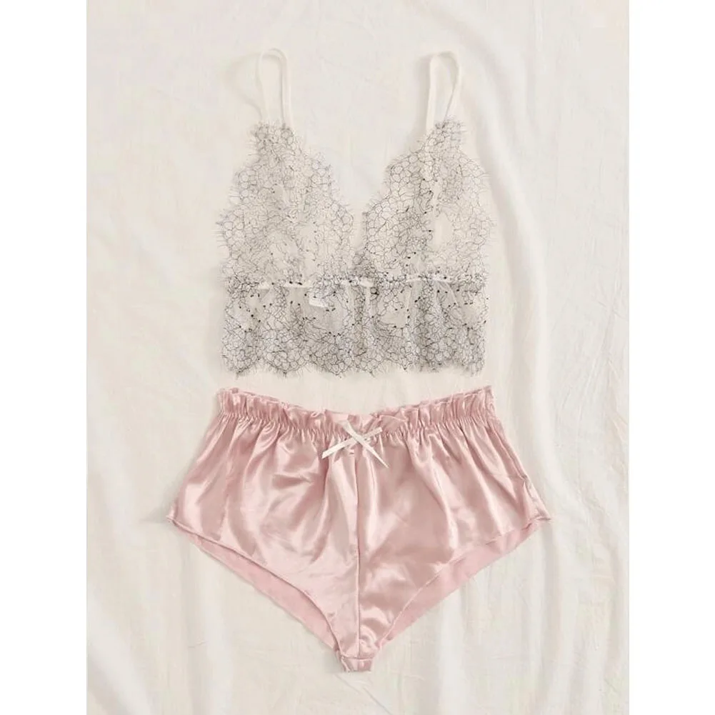2PCS Women Sexy See-through Lace Silk Crop Top Deep V Neck Sling Bra High waist Satin Briefs Sleepwear Lingerie Set Exotic Sets