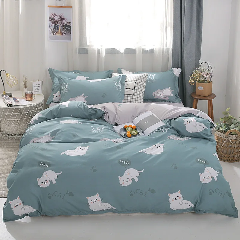

Cartoon cute cat bed linens for girls Home Textile simple bedding set blue Duvet Cover set Quilt cover Bed Sheet queen king size