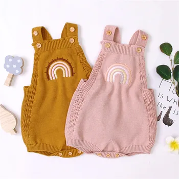 

Infant Baby Girls Playsuit Summer Sleeveless Jumpsuit Knitted Romper Embroidered Rainbow Pattern Basic Playsuit