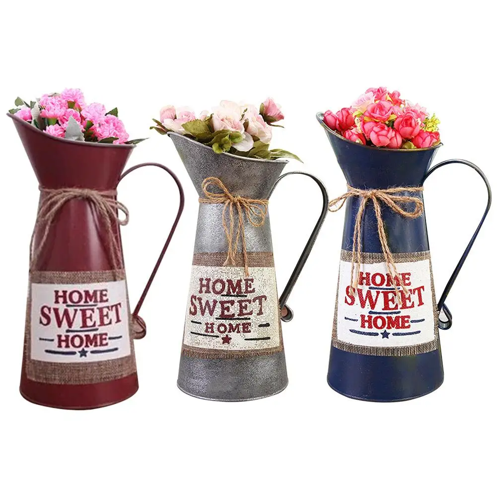 Vintage Iron Flowervase Coffee Pot Shape Flower Bucket Rustic Flower Basket Home Office Desktop Ornaments Wedding Party Decor
