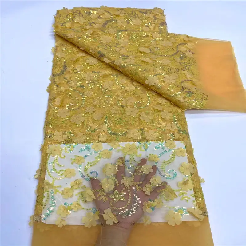 

Yellow Latest African Lace Fabric 2021 High Quality Embroidery 3d French Nigerian Lace Fabric 5 Yard for Wedding Party Dress