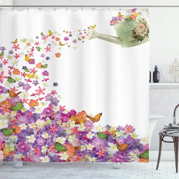 

Floral Shower Curtain, Butterflies Narcissus Flowers Violets and Pansies Pouring Out from Old Watering Can, Cloth Fabric