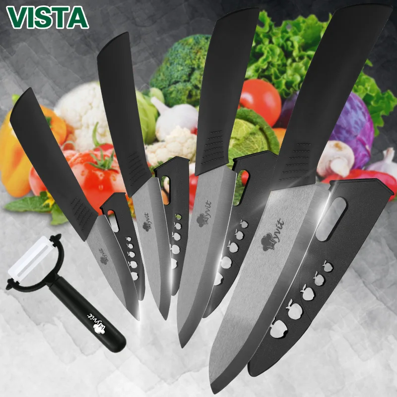 Ceramic Knives Set with Stand Utility Chef Knife with Peeler Black Zirconia  Blades Fruits Vegetables Paring Slicer with Sheaths