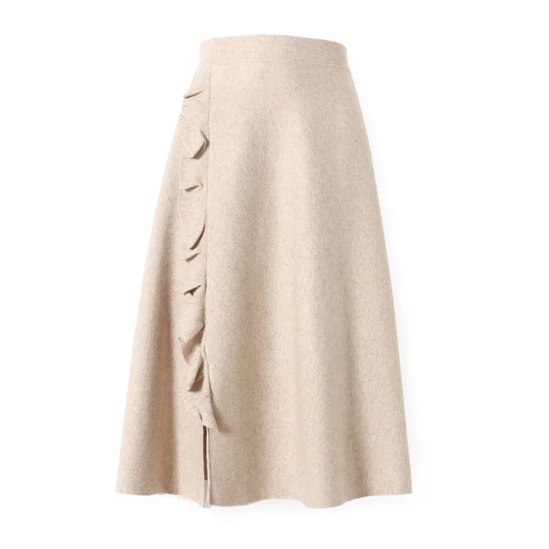 INNASOFAN, трикотажная Женская юбка, Осень-зима, трапециевидная юбка с высокой талией, модная Высококачественная шикарная Однотонная юбка с воланом