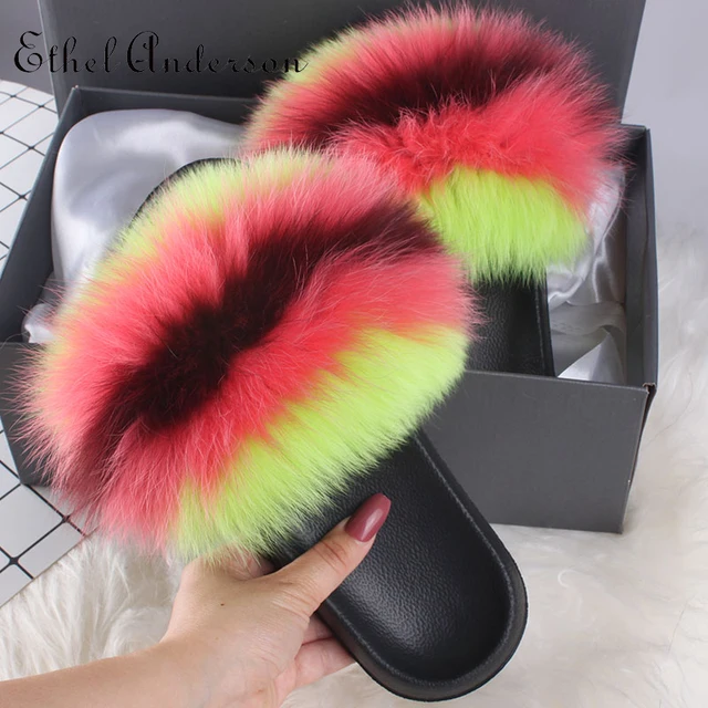 2021 Hot Sale Women Real Fox Fur Slippers Multi-color Summer Fashion Slides Casual Female Furry Shoes As picture