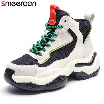 

Smeeroon 2020 hot sale Dad Shoes top quality genuine leather mixed color sneakers autumn winter casual shoes women ankle boots