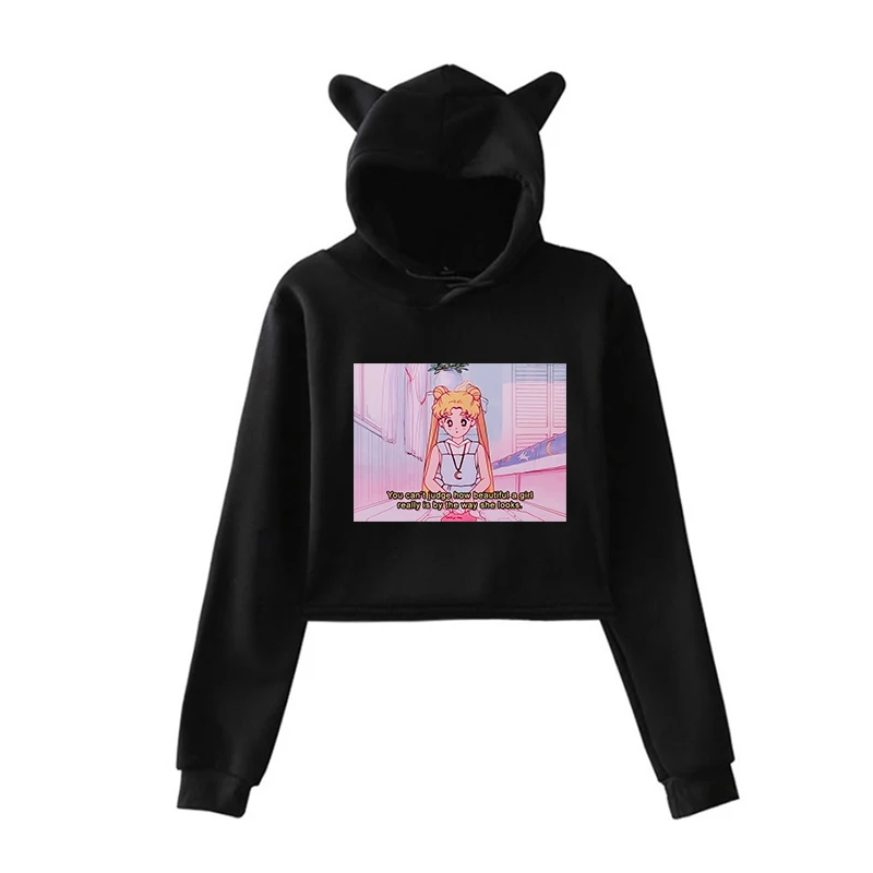 Унисекс с длинным рукавом Короткие толстовки Сейлор Мун эстетические Kawaii кофты осень Забавный пуловер с капюшоном для женщин мужчин хип хоп одежда - Цвет: 902-mx-1218-29(4)