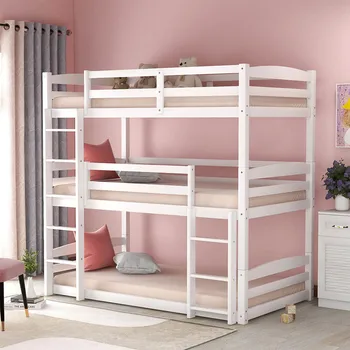 

Wooden Triple Bunk Bed Frame with Built-In Ladder Guardrails Three Layers for Kids Children Bedroom Furniture White Gray