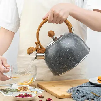 

Tea Kettle Stovetop Whistling Nonslip Bottom Premium Stainless Steel Teapot With Wood Grain Handle Suitable For All Heat Source