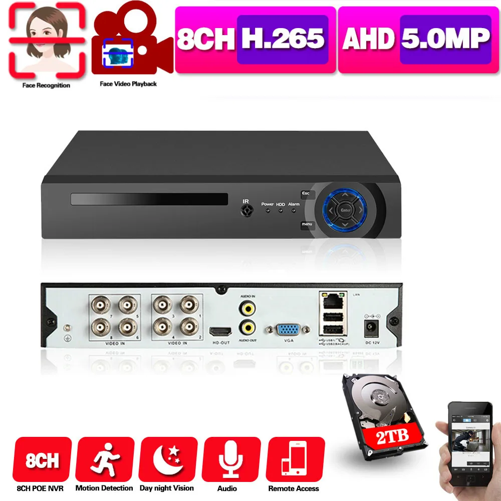 AHD Видео Аудио запись распознавание лица CCTV 8CH H.265 5MP 4MP 1080P 6 в 1 Гибридный DVR XVi TVi CVI IP