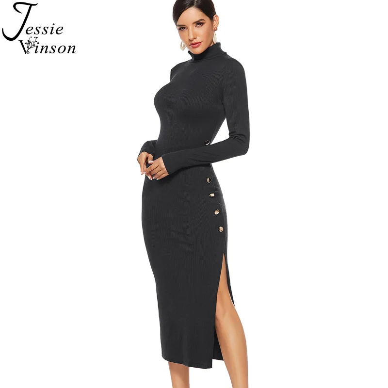 

Jessie Vinson Plus Size Long Sleeve Turtleneck Side Split Knitted Dress Women Sexy Bodycon Sweater Rib Midi Dress Autumn Winter