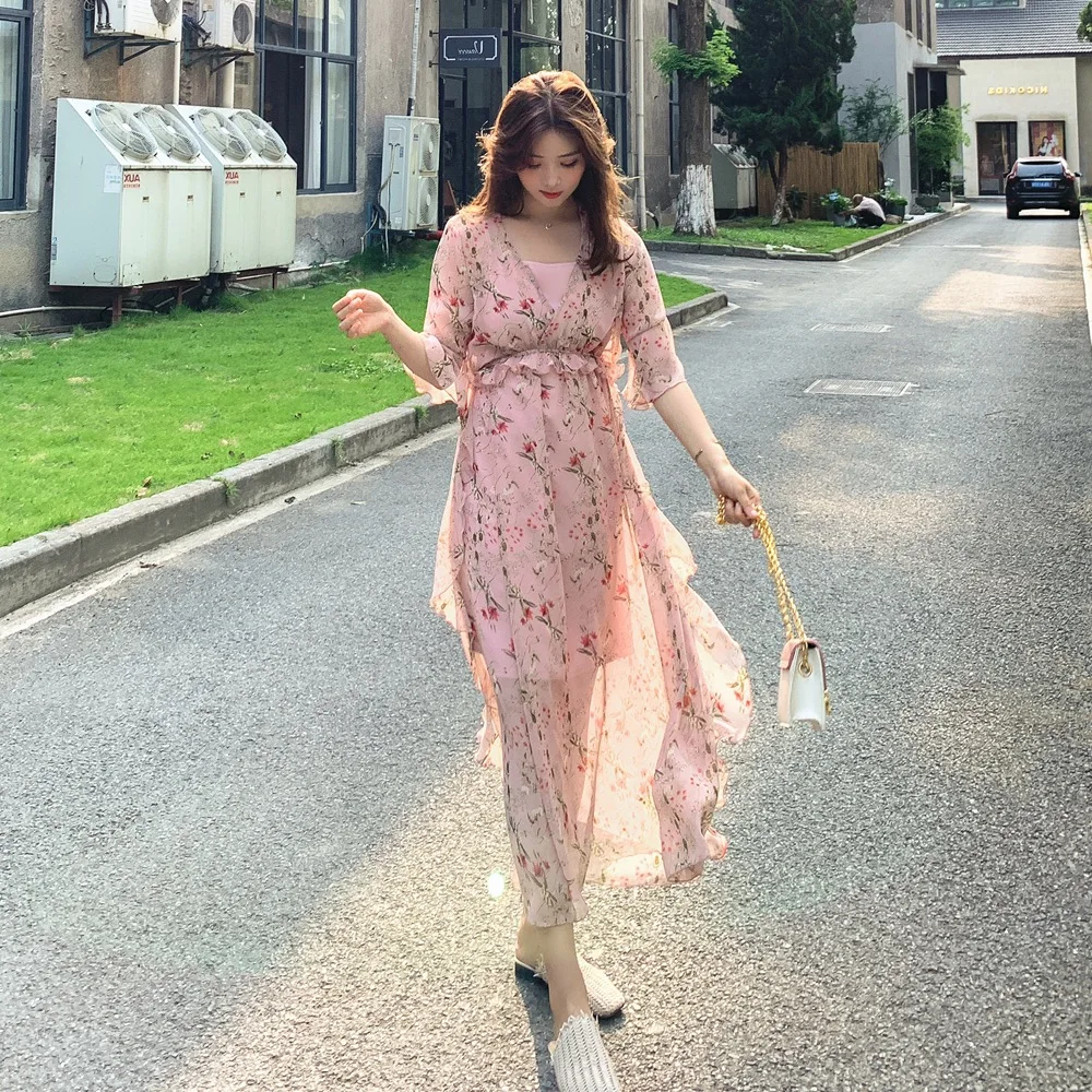 

MORI Series Pastoral Style Elegant Fairy Skirt 2019 Summer New Style Retro CHIC Chiffon Floral Piece Dress