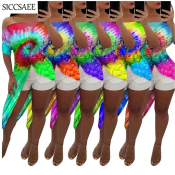 

Gradient Color Tie Dye Printed Asymmetrical Tshirt Wrinkle Bohemian Style Ropa Mujer Retro Off Shoulder Plus Size Clothing 2020