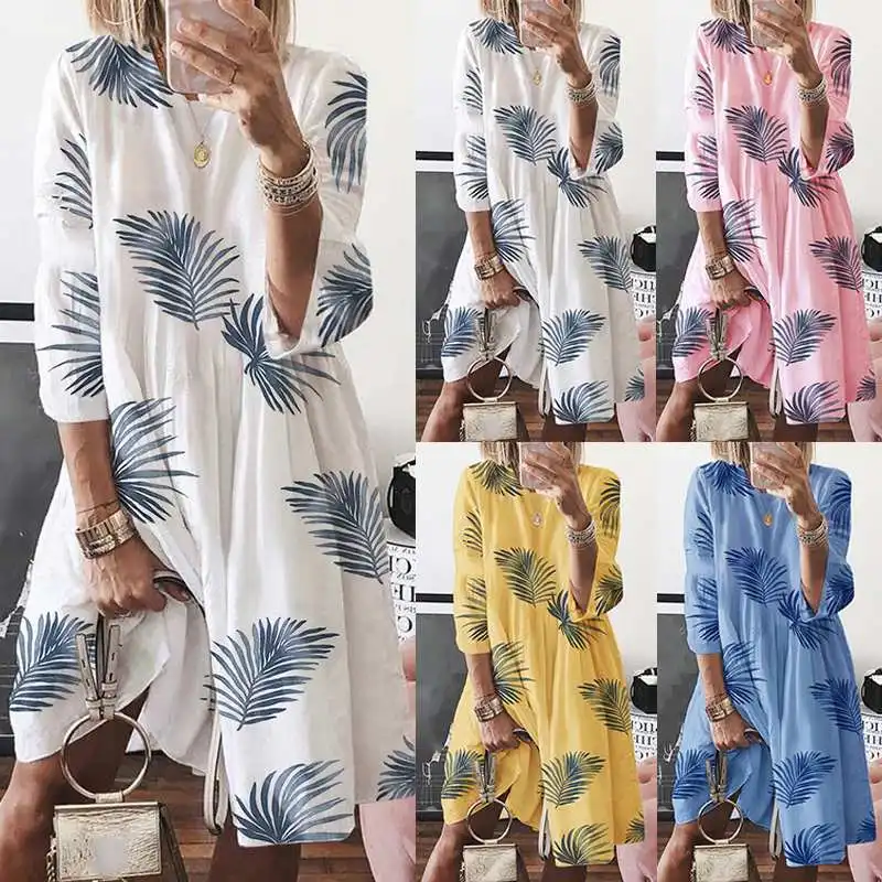 ZANZEA Plus Size Women Dress Autumn Summer Short Vestido Holiday 3/4 Sleeve Printed Beach Ladies Midi Shirt Dresses Kaftan