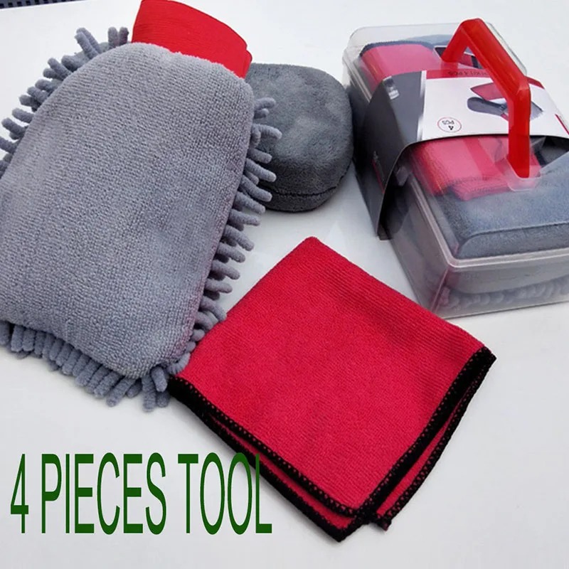 

4pcs Microfiber Car Washing Tool Kit Car Cleaning Drying Waxing Sponge Coral Velet Brushe Cloth Auto Car Care Set High Effective