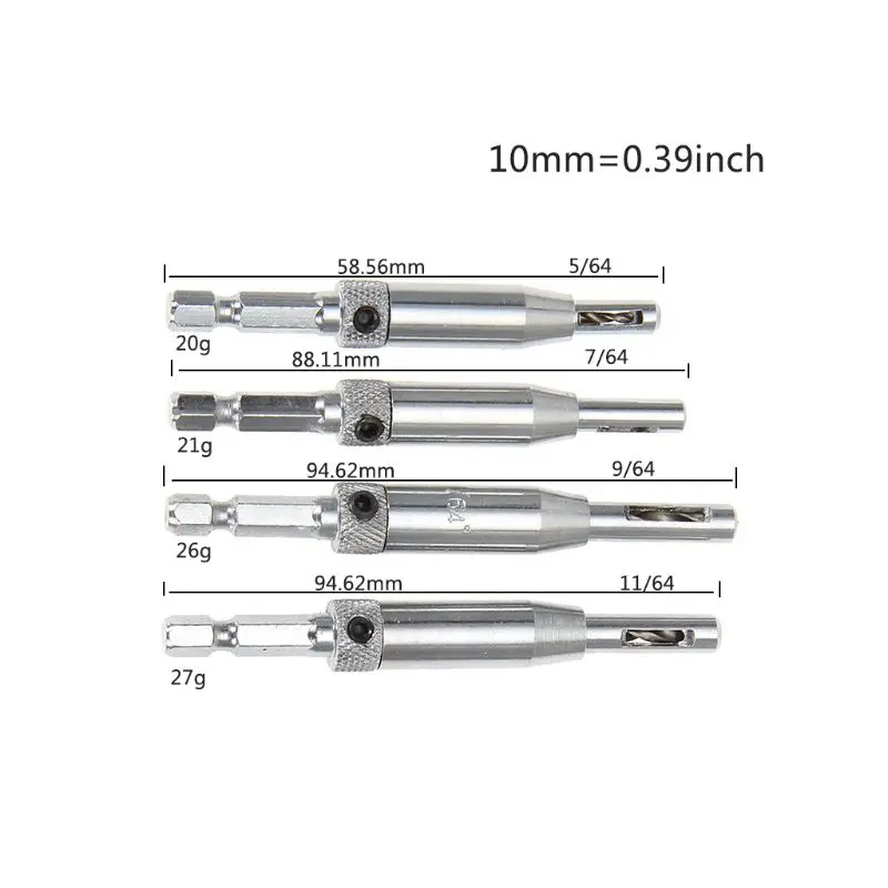 4pcs/set Center Drill Bit Doors Self Centering Hinge Tapper Core Drill Bit Set Hole Puncher Woodworking Tools 5/64"-11/64" 72XD