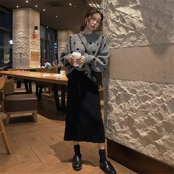 

2019 New Autumn And Winter fashion Women elegant Dot Loose Sweater Pullover + High waist Black Back split skirt 2 piece s