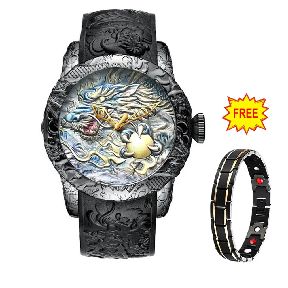 

Top Brand Quartz Watch Waterproof Sport Male Clock Black Men Watches Fashion 3D Engraved Dragon Relogio Masculino Luxury