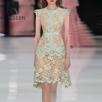 

AELESEEN Runway Fashion Green Dress 2020 Designer New Summer Women Dress Hollow Out Embroidery Lace Irregular Midi Dress Party