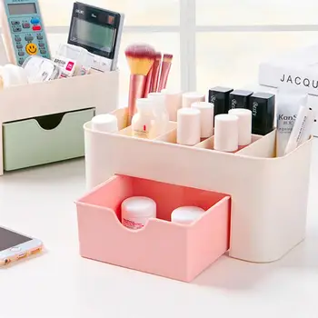 

1pc Plastic Desktop Cosmetic Box with Small Drawer Multi-functional Jewelry Box Storage Box Desk Storage Box (Pink)