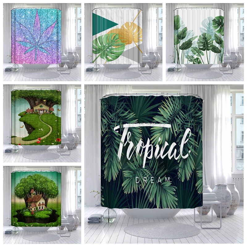 

Bathroom Curtains Waterproof Mildew Tropical Dream Green Palm Leaves Bamboo Purple Maple leaf Printed Bath Shower Curtain