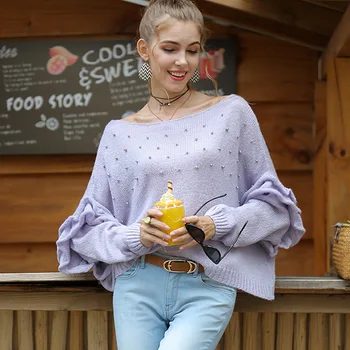 

Women Beaded Sweet Knitted Sweater Sexy Off Shoulder Purple Pullover Spring Autumn Flared Sleeve Tops Pull Femme Knittwear