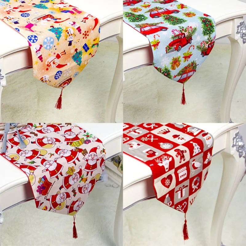 

Christmas Trendy Modern Cartoon Print Cotton Tablecloth Elegant Decor Table Runner Covers for Rectangle Tables Party Supplies