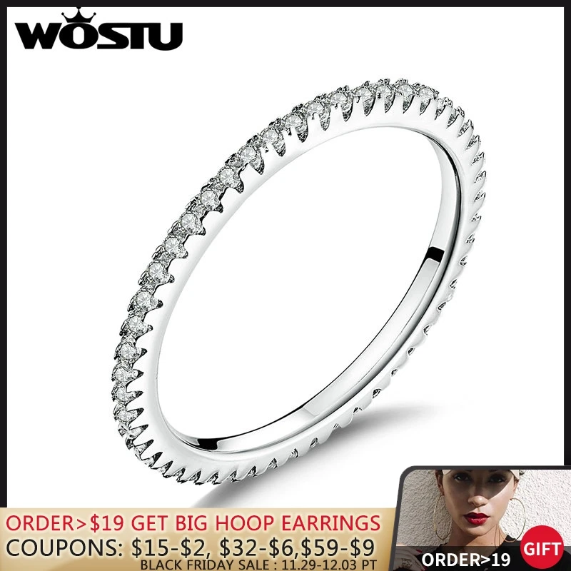 

WOSTU Genuine 100% 925 Sterling Silver Simple Geometric Round Single Stackable Finger Rings For Women Engagement Jewelry CQR066