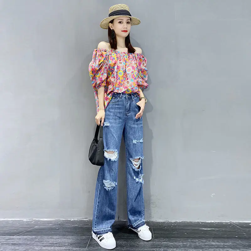 

Women's New Floral Small Shirt, One-shoulder Chiffon Shirt, Fashion Suit, Two-piece Suit, Women's Jeans, Two-piece Suit