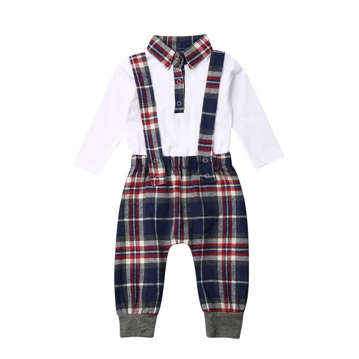 

2019 New 2pcs Christmas Newborn Baby Boys Clothes Blouse Romper Plaids Bib Pants Outfits Set