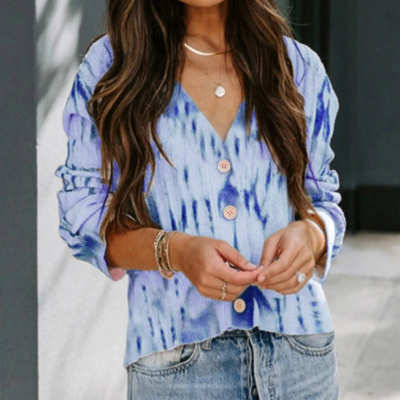 

Womenâ€™s Blouse Tie Dye Blouse Shirt Knit Cardigan Tops Lady V Neck Long Sleeve Tops Buttons Tops Street Wear Plus Size Blouses