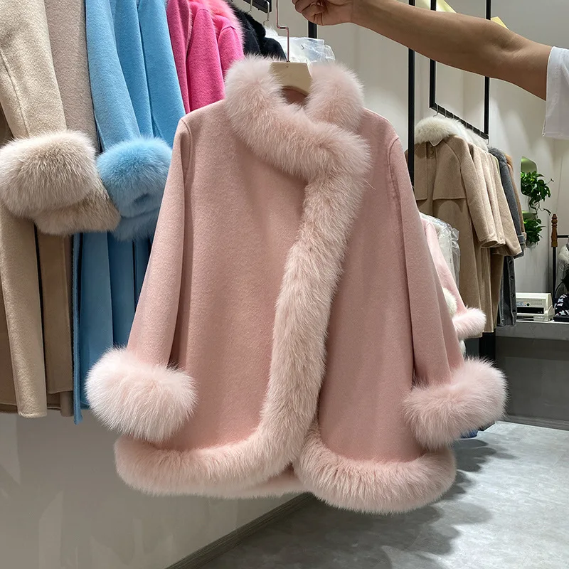 

New 2023 Ladies Chic Genuine Fox Fur Collar Cape Outerwear 2022 Luxury Real Wool Cashmere Blend Loose Cloak Coats For Women